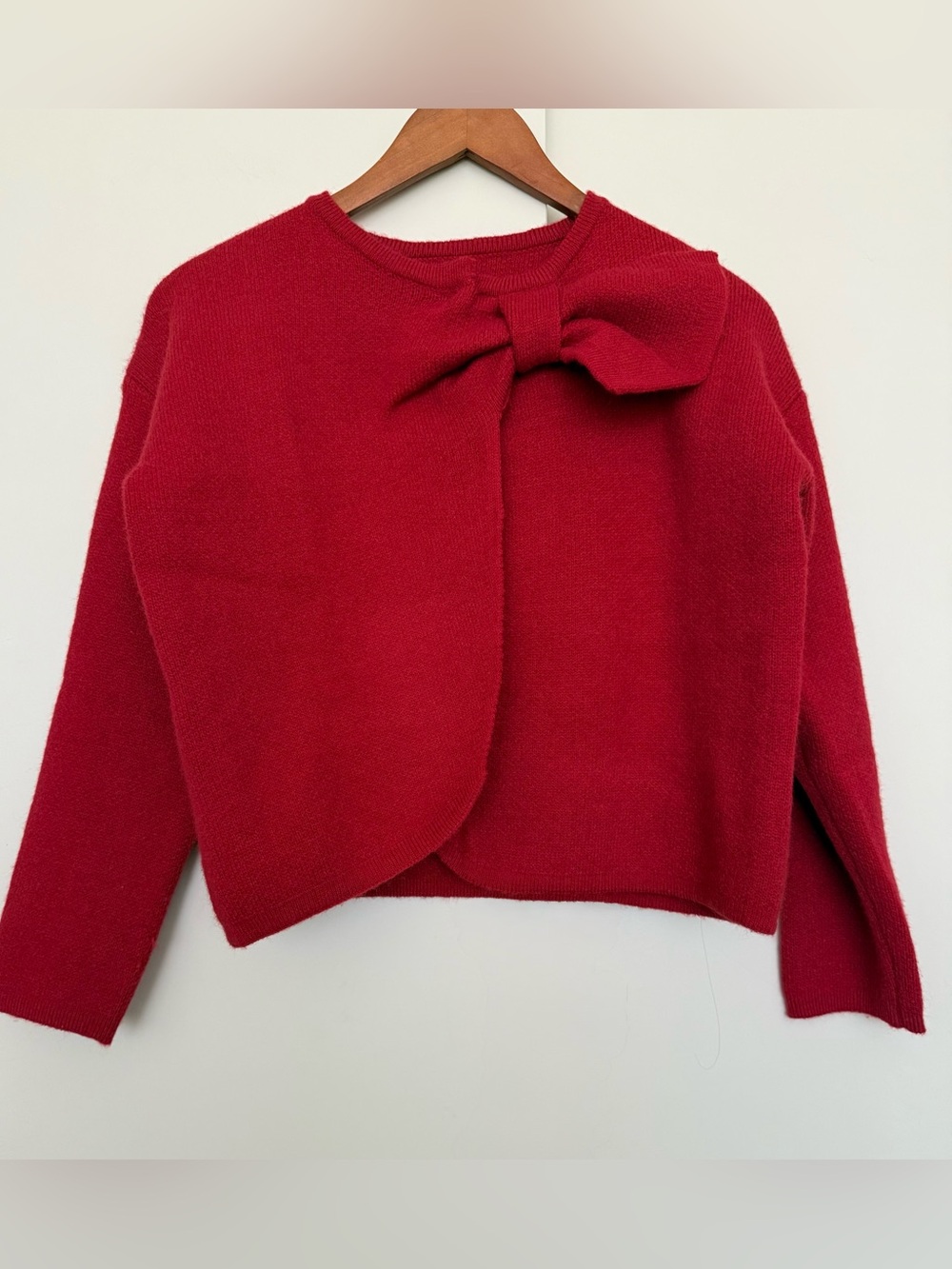 Vintage 50s Crimson Red Bow Wool Knit Cardigan Blazer M/L Sweater Coat Oxblood